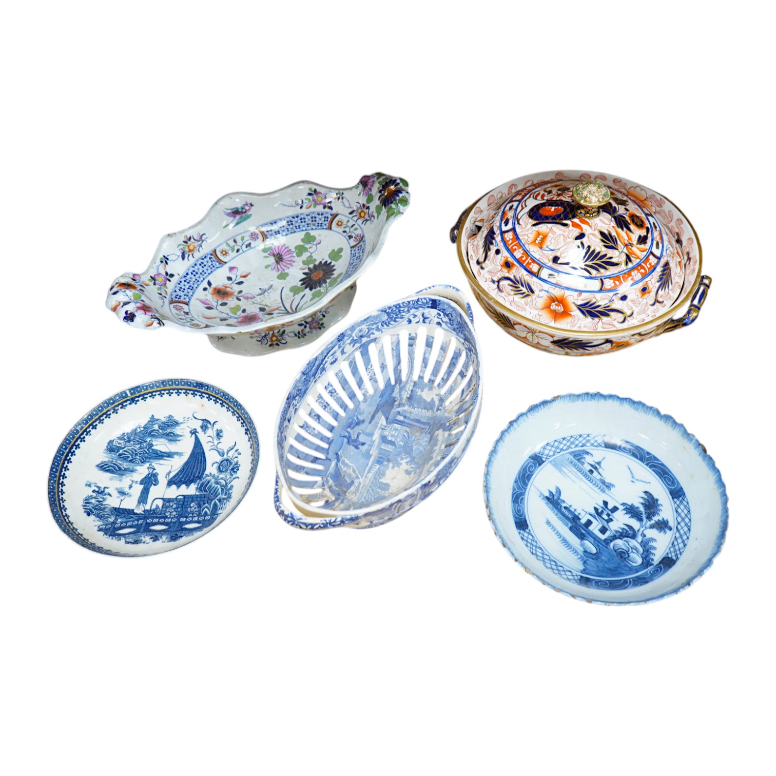 A Spode blue and white oval basket, a Spode two-handled pedestal dish, a Caughley Fisherman pattern saucer dish and two other items, largest 38cm wide. Condition - varies